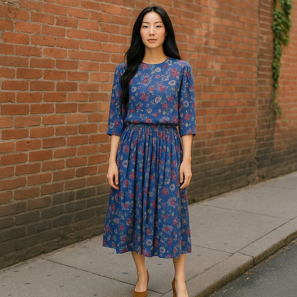 M.E.S DRESS PRE-OWNED SIZE 14 P Floral Blue Dress